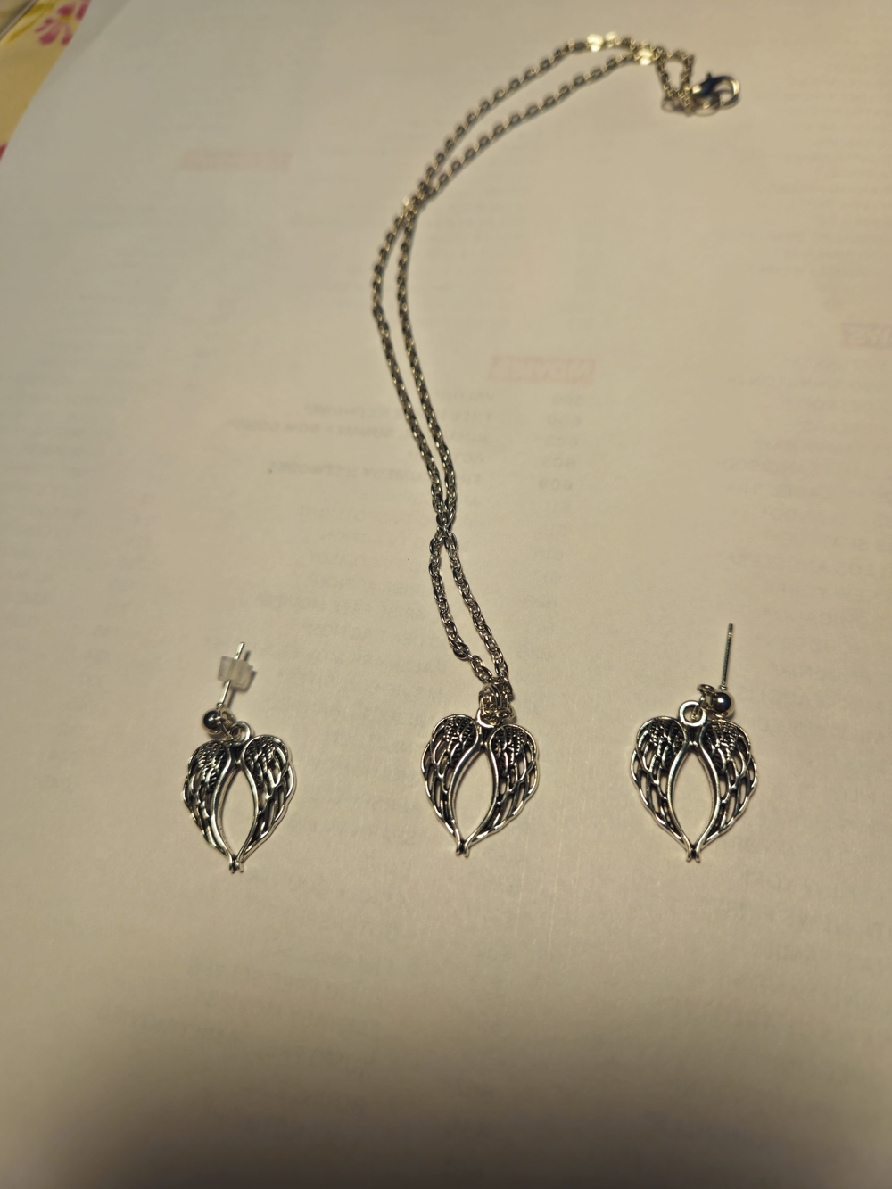 Silver Angel Wing Pendant Necklace and Earrings Set
